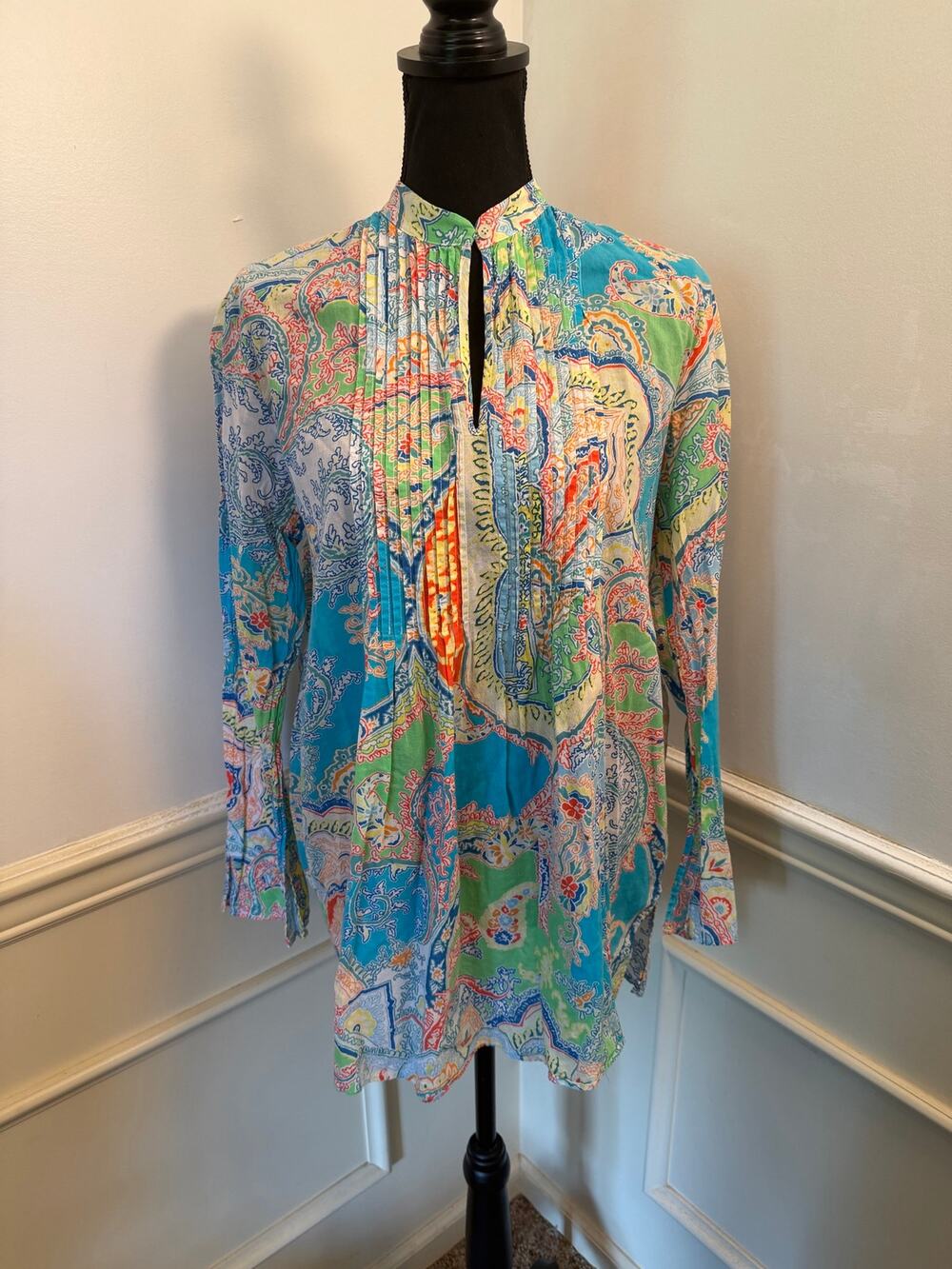 Lauren Ralph Lauren LRL Paisley Popover Tunic Blouse Pleated Boho Multicolor